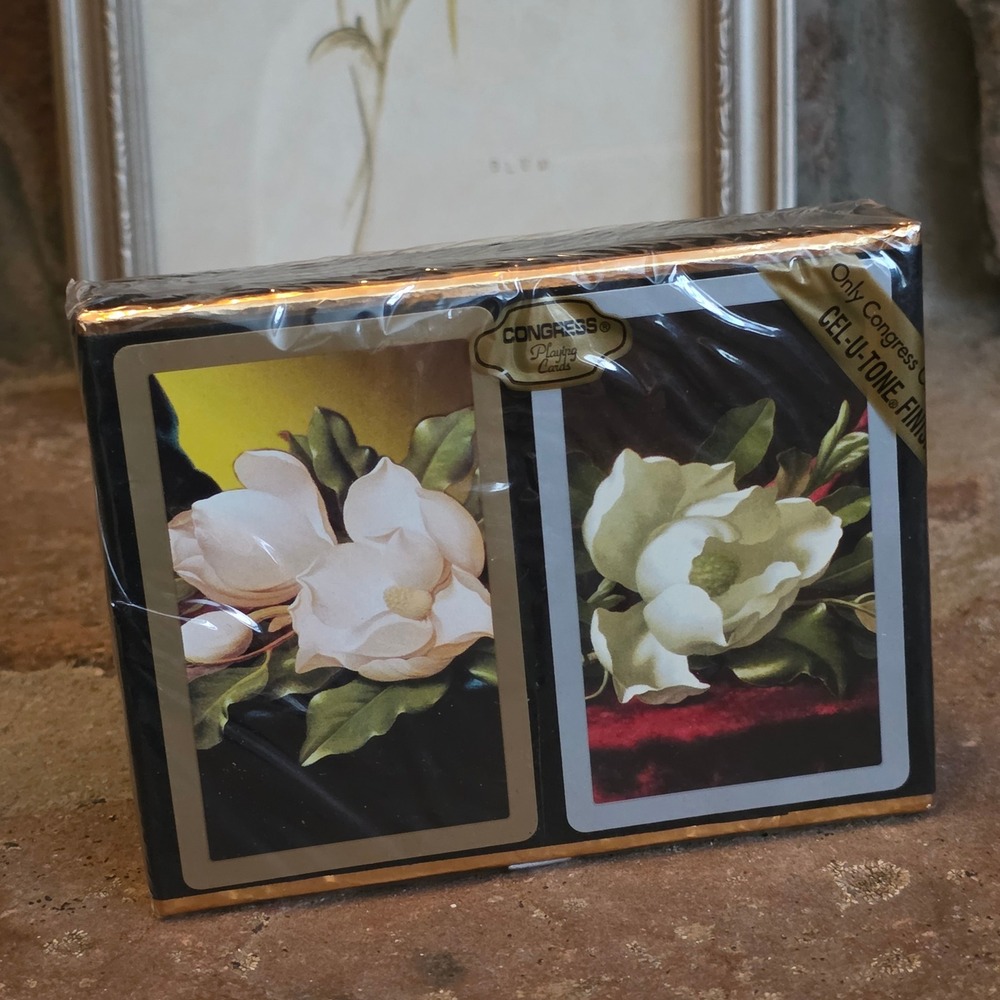 Congress Playing Cards Double Deck Set Magnolia Floral Cel-U-Tone Finish Sealed